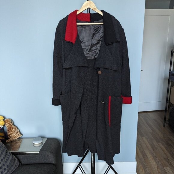 Annikki Karvinen Grey & Red Long 100% Wool Oversized Coat Handmade in Finland - Picture 3 of 14